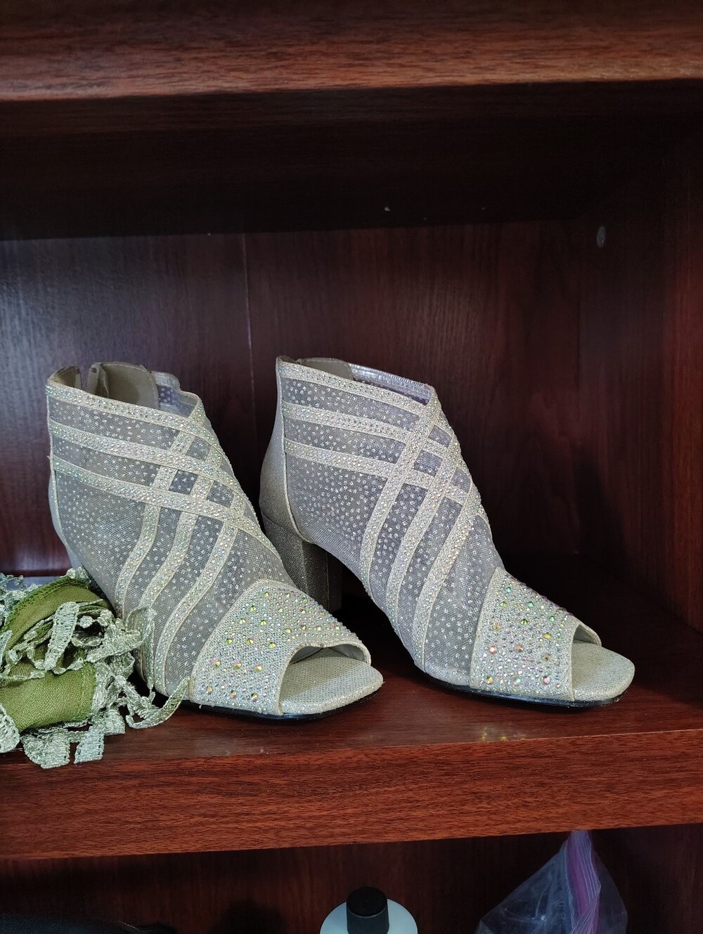 Women's Silver Crystal Embellished Peep-Toe Booties